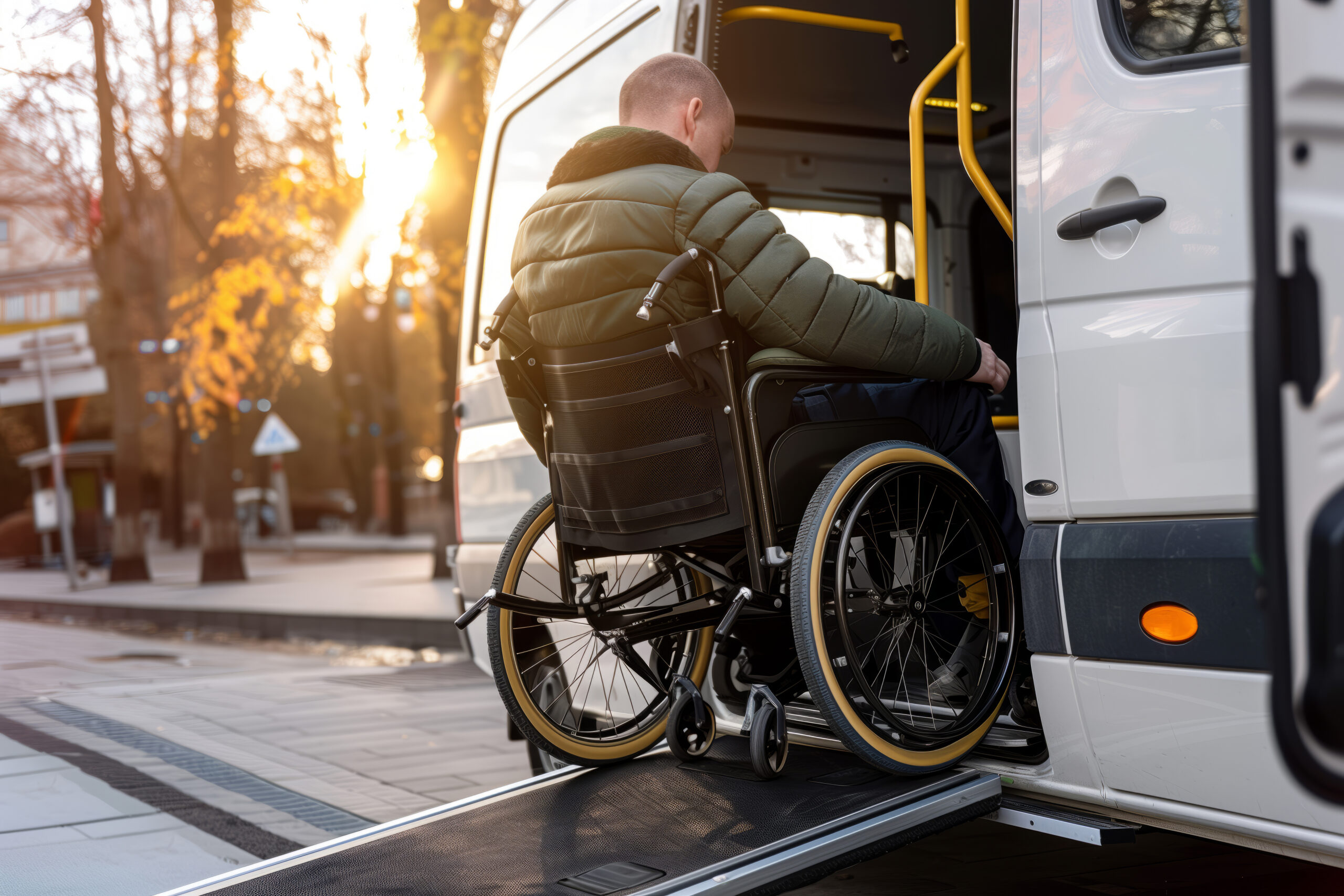 A man in a wheelchair using a ramp to get on a accessible van for people with accessibility needs, against sunlight. Shallow depth of field